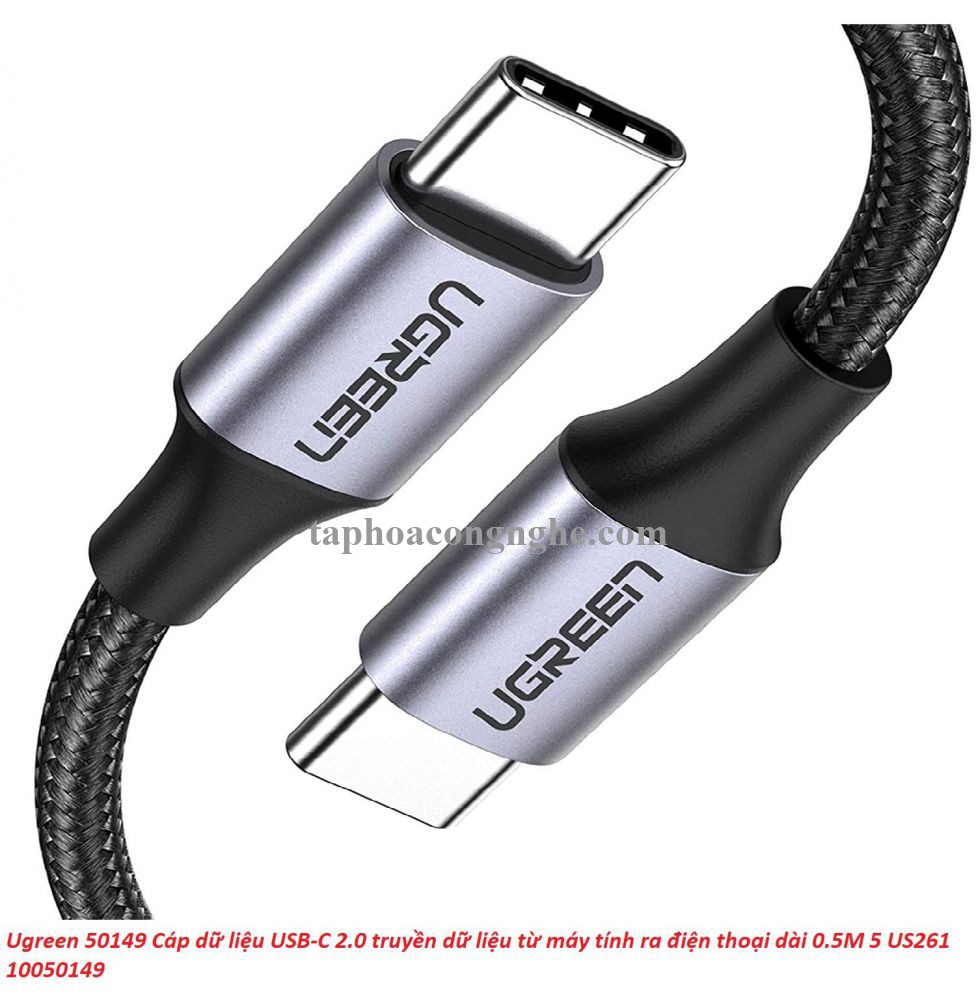 Ugreen 50149 0.5M Type C 2.0 Cáp sạc và truyền dữ liệu từ máy tính ra điện thoại màu xám đen US261 30050149